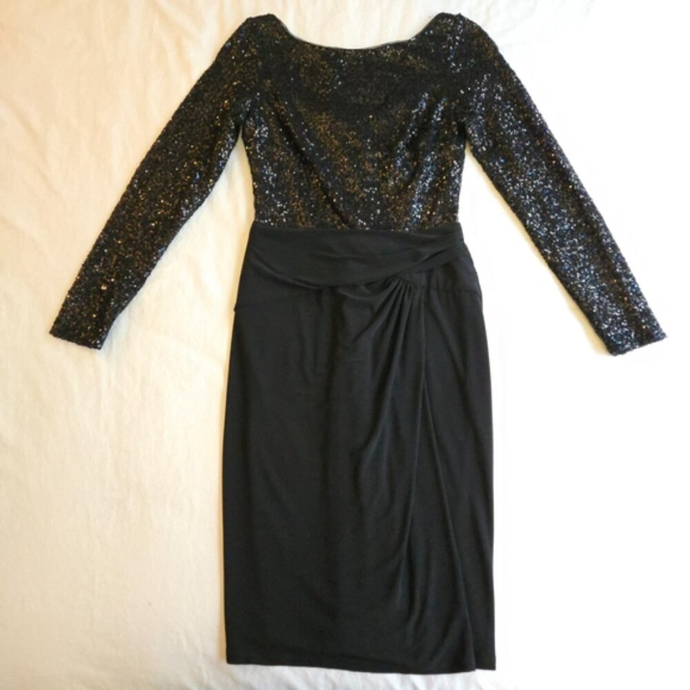 Lauren Ralph Lauren Black Sequin Cocktail Dress Long Sleeve Evening MI3 - Picture 2 of 13